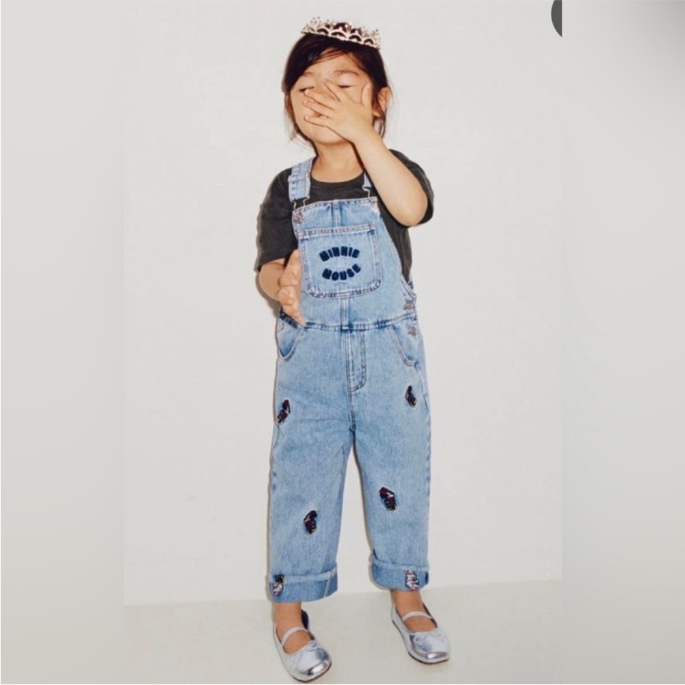 Zara Kids Embroidered Disney Mini Mouse Light Wash Denim Pant Overalls  12-18 mo